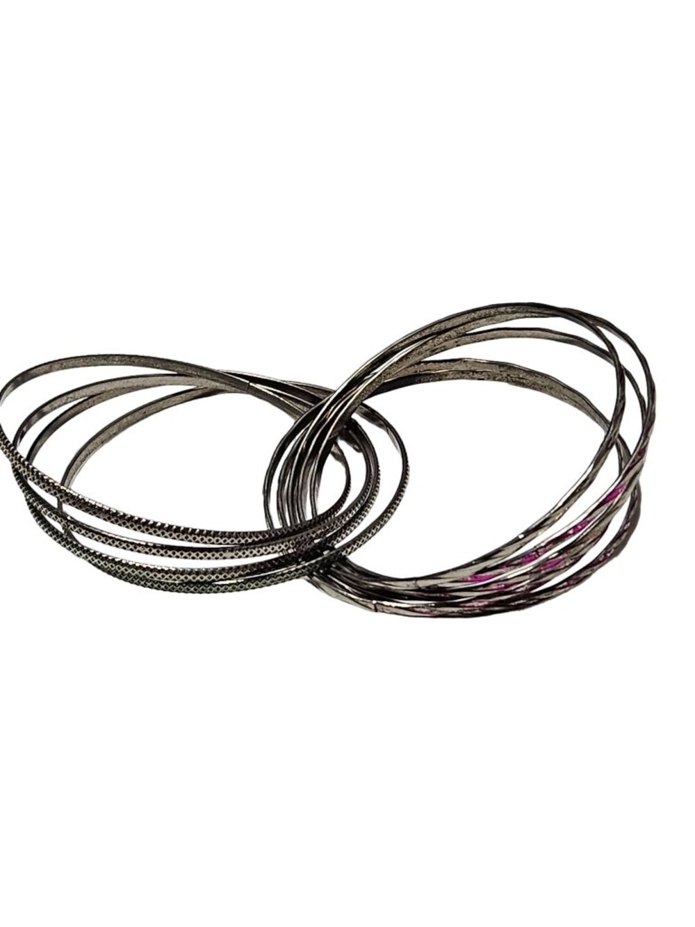 Vintage Silver Pink Bangle Bracelets Set Of 9 80s 90s Fashion Jewelry Women